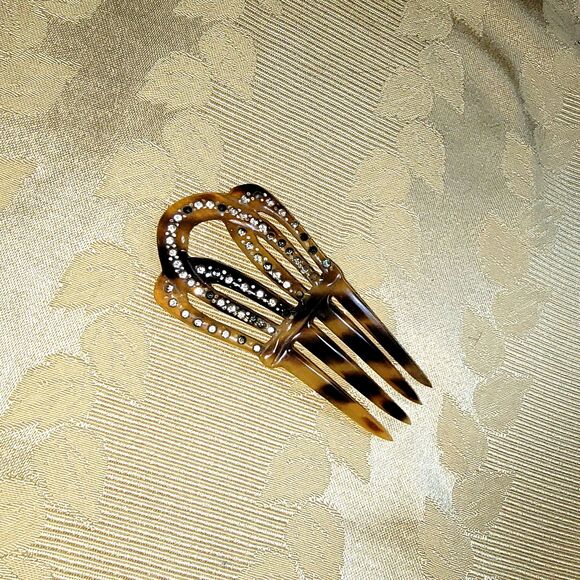 VTG Victorian hair comb faux Tortoise Shell hair ornament w/rhinestones - Picture 10 of 15